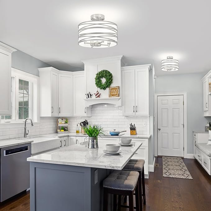 TOULMJ 4-Light Semi Flush Mount Ceiling Light, Brushed Nickel Drum Chandelier with White Fabric Shade, Modern Farmhouse Light Fixtures for Kitchen Island Laundry Room Hallway Dining Room
