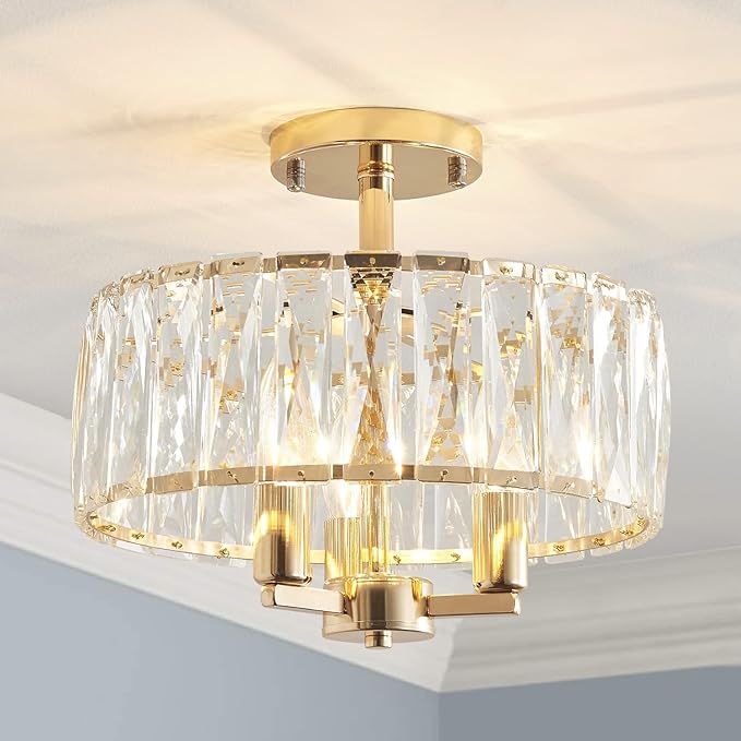 AGV LIGHTING CL003G K9 Crystal Semi Flush Mount Ceiling Light Fixture, E12 Base 3-Lights, D13 x H15, Shine Gold & Black Finish