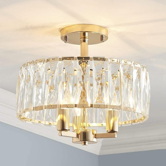 AGV LIGHTING CL003G K9 Crystal Semi Flush Mount Ceiling Light Fixture, E12 Base 3-Lights, D13 x H15, Shine Gold & Black Finish
