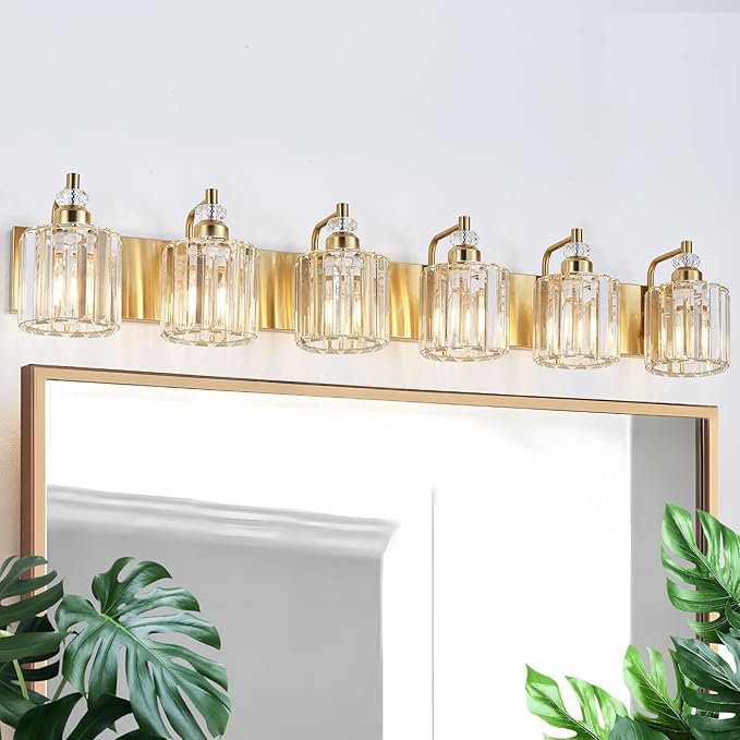 6-Light Modern Vanity Lights Brushed Brass Bathroom Light Fixtures Over Mirror Gold Bathroom Vanity Lighting with Crystal Shade E26 Base Wall Sconce for Bedroom Living Room Restroom Wall Lamp
