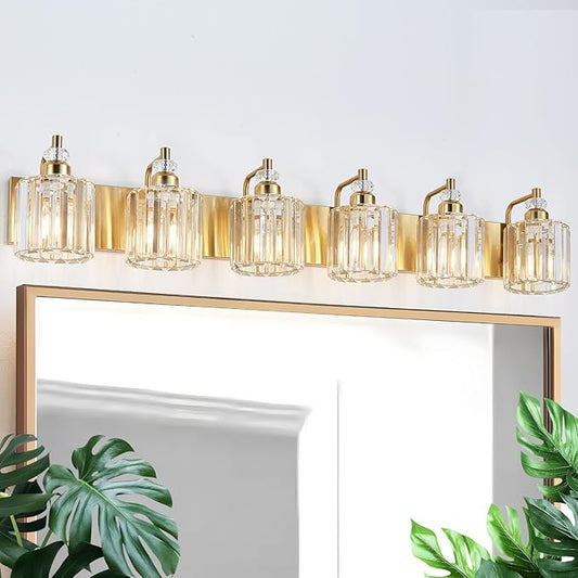 6-Light Modern Vanity Lights Brushed Brass Bathroom Light Fixtures Over Mirror Gold Bathroom Vanity Lighting with Crystal Shade E26 Base Wall Sconce for Bedroom Living Room Restroom Wall Lamp
