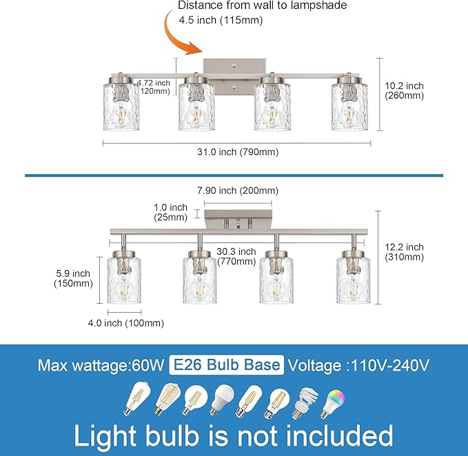 4-Light Tracking Lights Brushed Nickel Rotatable Flush Mount Ceiling Light with Clear Hammered Shade, Modern Bathroom Ceiling Vanity Lights Flexibly Light for Foyer Art Wall Kitchen Hallway