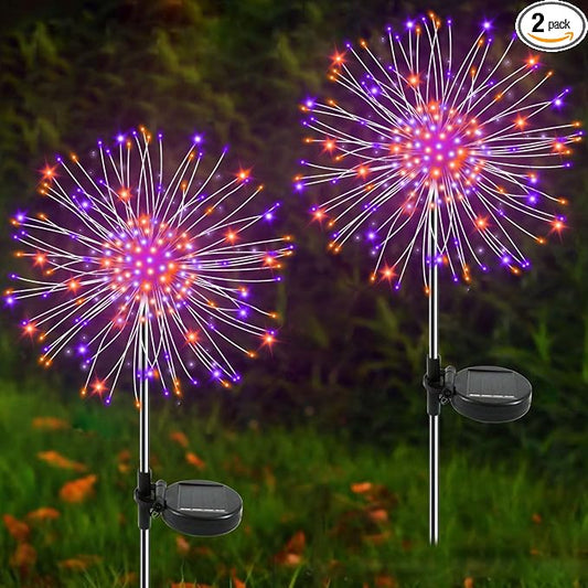 Solar Garden Lights Outdoor, 2 Pack 120 LED Twinkling Firework Lights Decorative with 2 Modes, Outdoor Waterproof Solar Starburst Light for Outside Yard Pathway Garden Decor, Purple + Orange