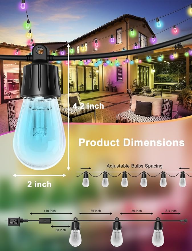 Outdoor String Lights, 50ft Smart RGB IC Warm White Patio Lights Outdoor Waterproof with Remote & App Control, Compatible with Alexa Great for Deck, Gazebo, Balcony