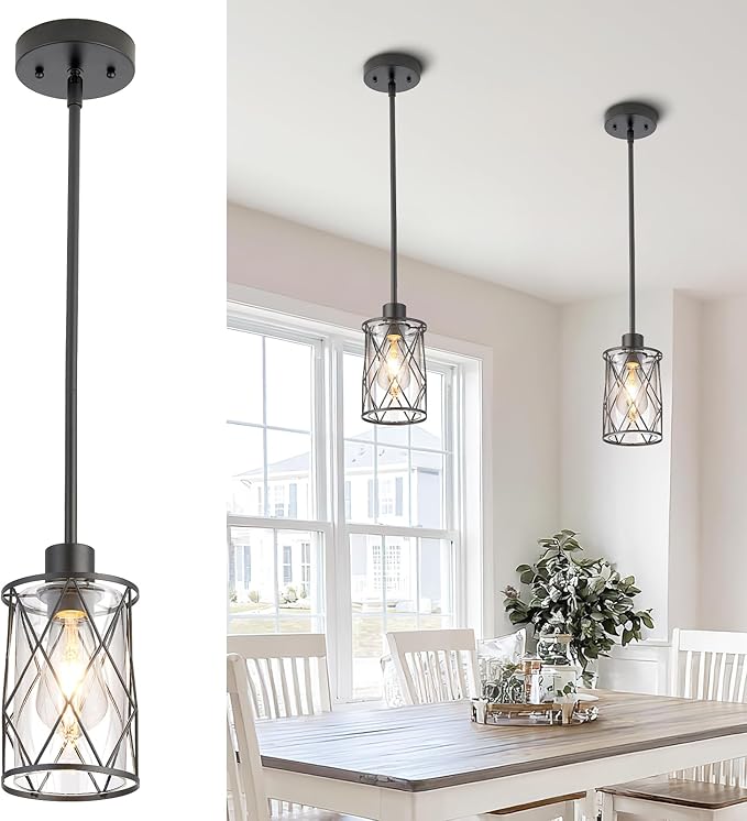Refice Glass Pendant Lights Kitchen Island, Black Kitchen Hanging Light with Clear Glass, Farmhouse Cage Mini Pendant Lighting for Sink Dining Room Bedroom Bar, 1 Pack