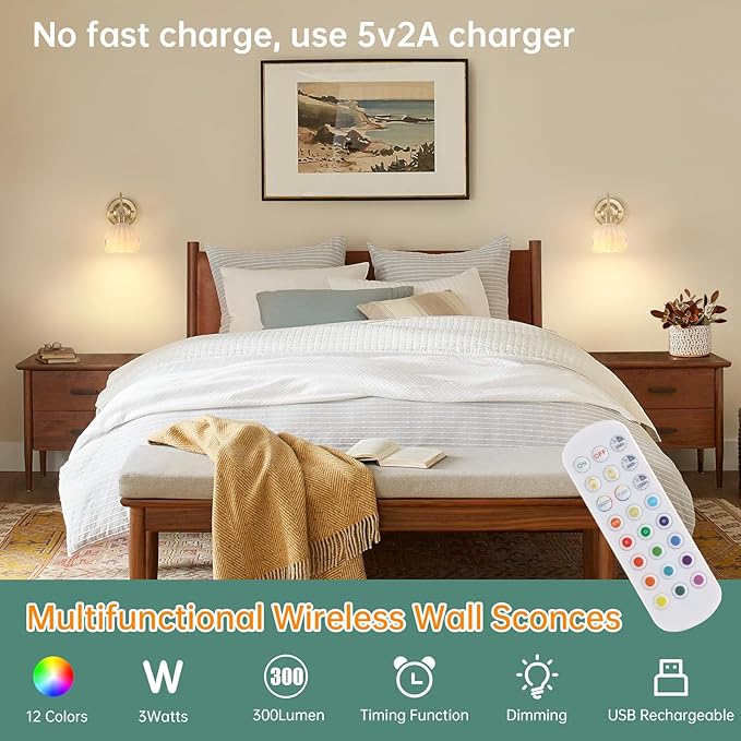 Shenmoyl Vintage Battery Operated Wall Sconce, 5000mAh Wireless Rechargeable Wall Light, Indoor Battery Powered Wall Lamp for Bedside Bedroom Living Room, Tulip White