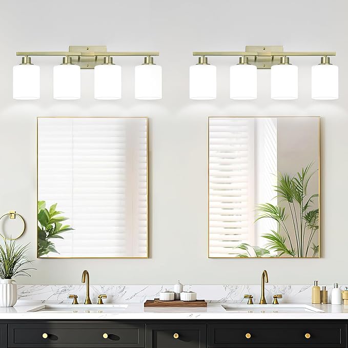 MOKATNG 4-Light Bathroom Light Fixtures, Aged Brass Vanity Light with Milky White Shades, Bathroom Lighting Fixtures Over Mirror, Modern Bathroom Wall Lamp for Mirror Living Room Cabinet Bedroom