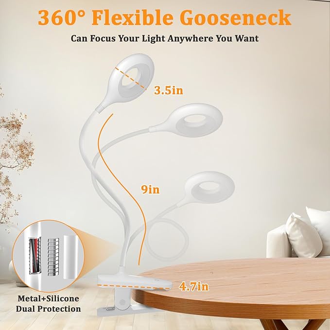 2 Pack Clip on LED Reading Light, 25 Models USB Rechargeable Bed Lights with Large Clamp for Headboard, Eye Protection Cordless Lamp for Bedframe Table Beside Desk Home Office