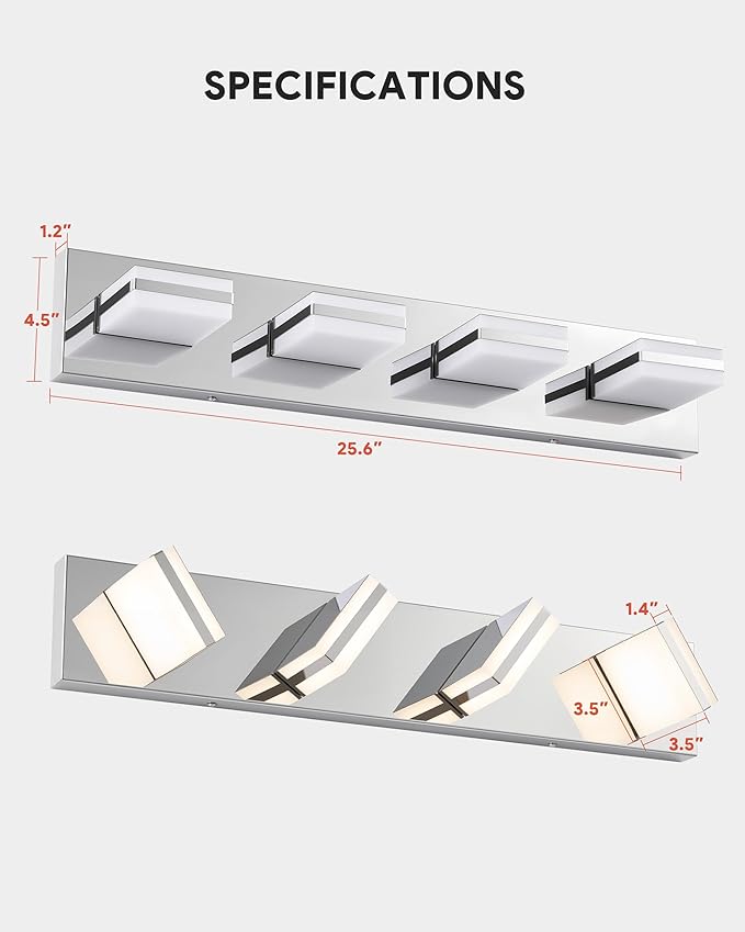 VONLUCE Bathroom Vanity Light Fixture, 4-Light Modern LED Vanity Light, 3CCT Adjustable Bathroom Lights with Memory Function Rotatable Shades, 26" Wall Lighting Fixture Over Mirror, Chrome