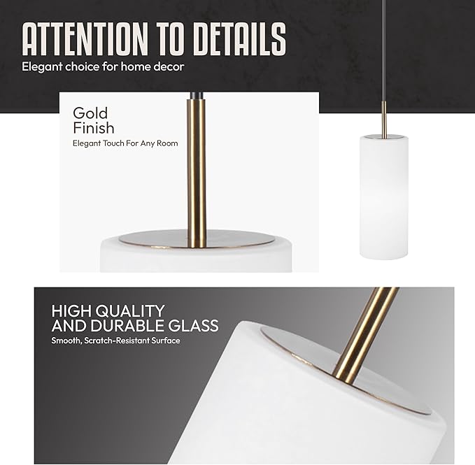 Luxury Black Pendant Light (Bulb Included) with Gold Finish & Adjustable Height - Hanging Ceiling Light with Durable Glass for Kitchen Islands