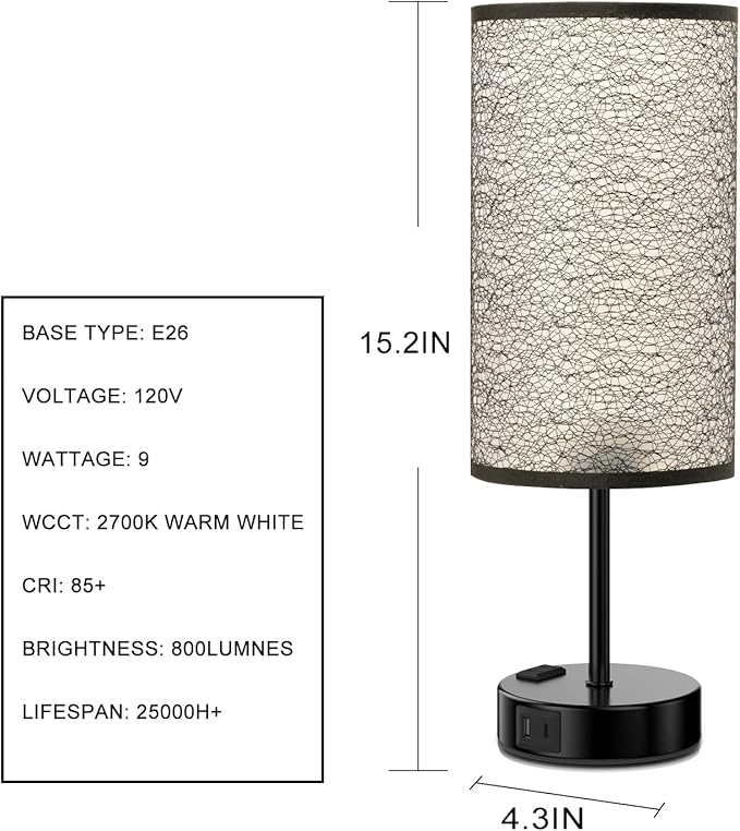 YIDPU Table Lamp for Bedroom with Touch Control,Bedside Lamp with USB C+A Charging Ports& AC Outlets, Adjustable 3color LED Light for Home Decor/Nightstand/Bedroom/Office,Included Bulb