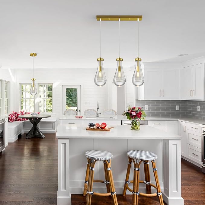 Raindrop Pendant Lights Kitchen Island Teardrop Gold Hanging Light Fixtures Clear Solid Glass Pendant Light Modern Chandeliers for Dining Room Porch Corridor Living Room(Long Plate-3 Lights)
