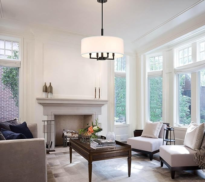 XiNBEi Lighting Drum Chandelier, Farmhouse 4 Light Pendant Light with White Fabric Shade Black Pendant Lighting Fixture for Kitchen Island Living Room XB-P1296-MB