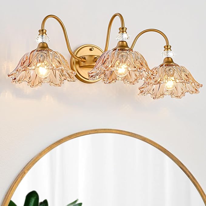 Vintage Bathroom Vanity Light, 3-Light Matte Brass Finish Vanity Light with Flower-Shaped Amber Glass Shades, Retro Wall Sconce for Bathroom, Dressing Table