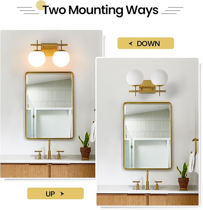AIJIASI Gold Vanity Light, 2-Light Bathroom Lighting Fixtures Over Mirror Milky White Glass Globe Shades, Modern Vanity Lighting Fixtures Wall Sconce 14 Inch (Exclude E26 Bulb)