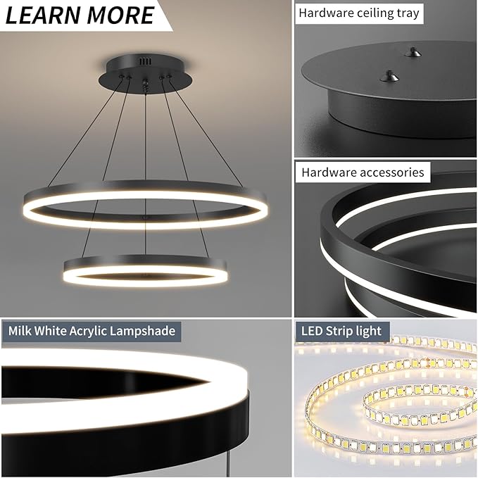 2 Ring Dimmable LED Modern Chandelier, Adjustable Hanging Foyer Pendant Light for Kitchen Island, Living Room, Entryway, 3000K-6500K Black Ceiling Pendant Light Fixture Over Dining Table Lighting