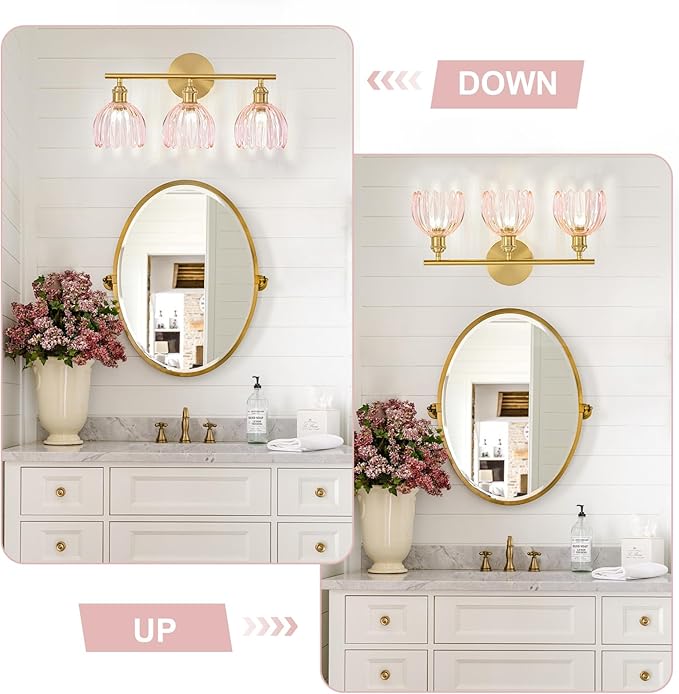 Gold Bathroom Light Fixtures Over Mirror, 3 Light Bathroom Vanity Light Fixture with Tulip Pink Glass Lampshade, Vintage Vanity Lights for Bathroom, Bathroom Vanity Lights Over Mirror