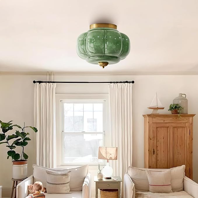 Milk Glass Ceiling Light Fixture - Farmhouse Antique Brass Semi Flush Mount Ceiling Light for Kitchen, Hallway, and Bedroom (Green 15 inch)