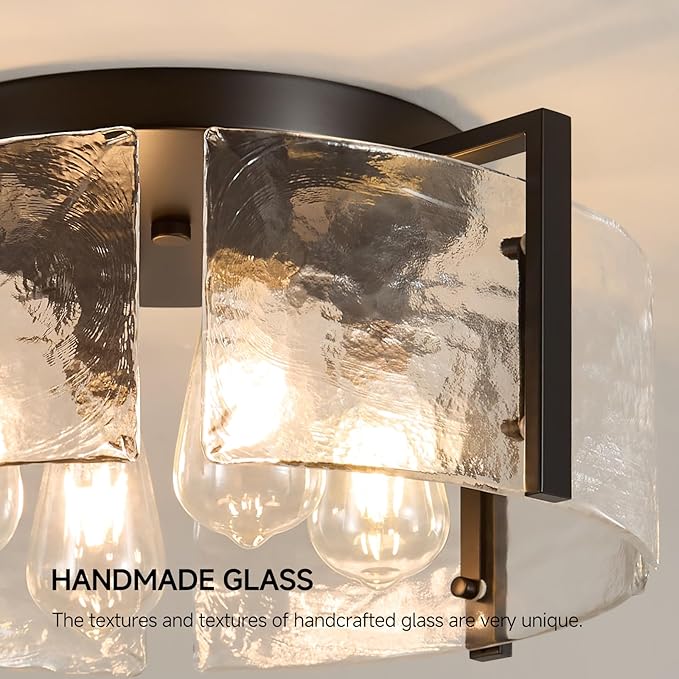 Semi Flush Mount Ceiling Light: 4 Light Drum Matte Black Ceiling Lights - Mid Century Modern Kitchen Lighting Fixtures - Vintage Hammered Glass Fixture for Entryway Farmhouse Bedroom Hallway Foyer