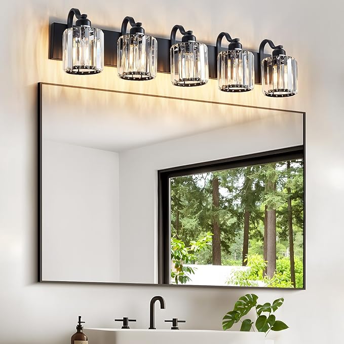 Crystal Vanity Light Black 5 Lights Modern Bathroom Vanity Lighting Fixtures with Crystal Round Shade Over Mirror (Exclude Bulb)