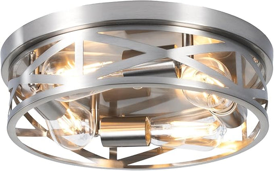 13 Inch Ceiling Light Fixtures, 4-Light Brushed Nickle Flush Mount Ceiling Light, Metal Cage Cross Modern Indoor House Close to Ceiling Lights for Kitchen Bedroom Foyer Hallway Office