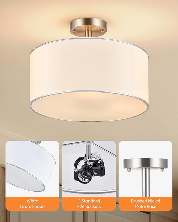 VONLUCE Semi-Flush Mount Ceiling Light, 15" Modern 3-Light Ceiling Light Fixture with White Drum Shade 3 E26 Sockets for Bedroom Entryway Living Room, Nickel Finish, ETL Certificated