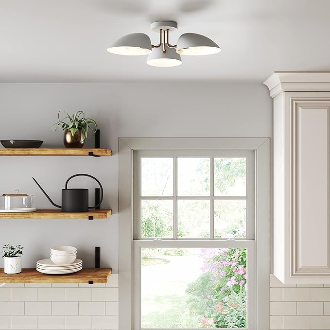 Nathan James Argo Semi Mount Flush Ceiling Light, 3-Lights Modern Retro Lighting with White Rounded Shades for Hallway, Dining Room and Bedroom, Vintaged Brass/White