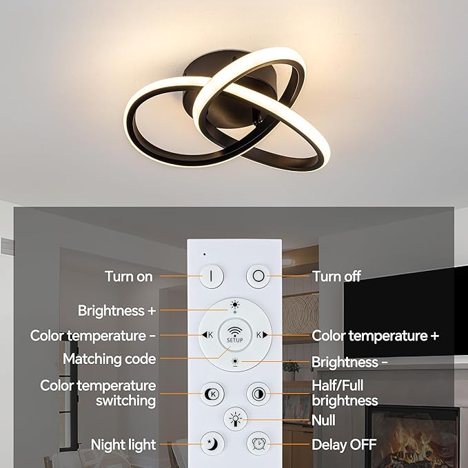 10 Inch Modern Ceiling Light, 24W LED Dimmable Ceiling Light with Remote Control, 3000-6000K Color Temperature Adjustable, Black Small Chandelier for Bedroom, Entryway, Hallway, Kitchen