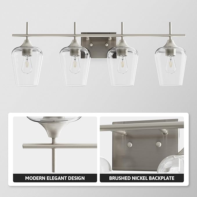VONLUCE Bathroom Vanity Light, 4 Light Bathroom Light Fixture Over Mirror, Bathroom Wall Lamp with Clear Glass, Modern Vanity Lighting for Bathroom, Bedroom, Hallway, Brushed Nickel, ETL Certificated