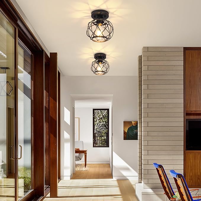 Hallway Light Fixtures Ceiling,Semi Flush Mount Ceiling Lights Fixtures Black Metal Cage Indoor Industrial Ceiling Lights Modern Crystal Ceiling Light Fixture for Porch Entryway Foyer Bathroom