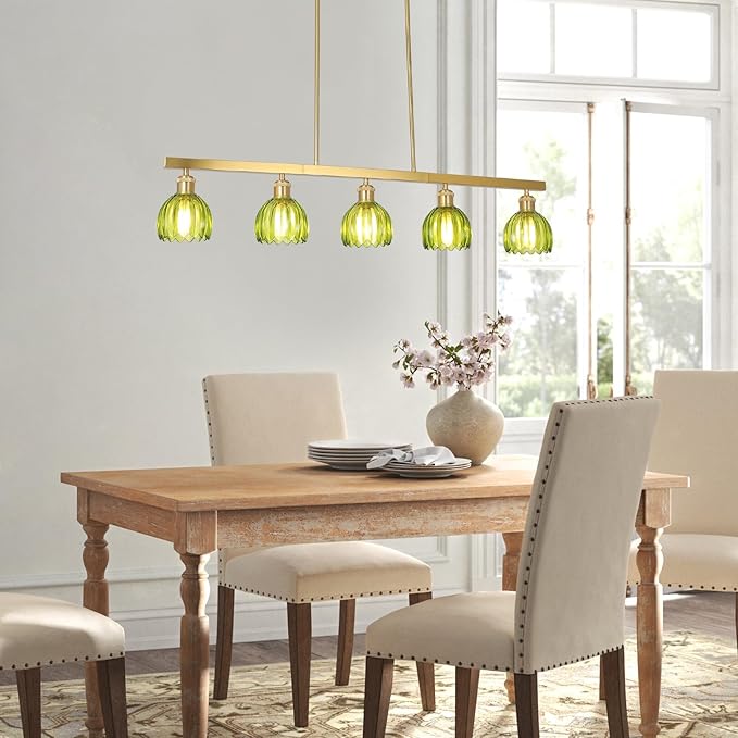 5-Lights Modern Chandeliers for Dining Room, Gold Pendant Light Fixtures with Green Flower Shade, Entryway Chandelier Pendant Lighting for kitchen island, Linear Hanging Dining Room Light Fixture
