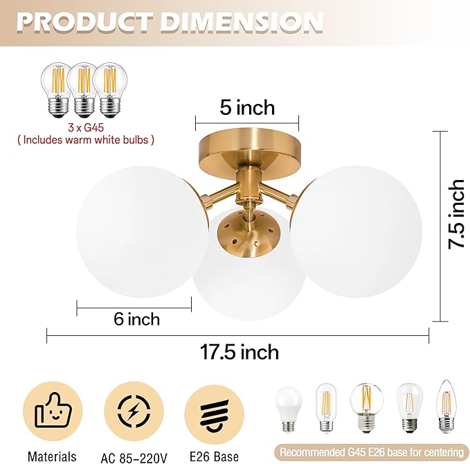 3 Light Mid Century Modern Gold Globe semi Flush Mount Ceiling Brass Chandelier 3-Light Milk Glass Globe Lights Sputnik Ceiling Light Fixture for Bedroom Living Room Hallway