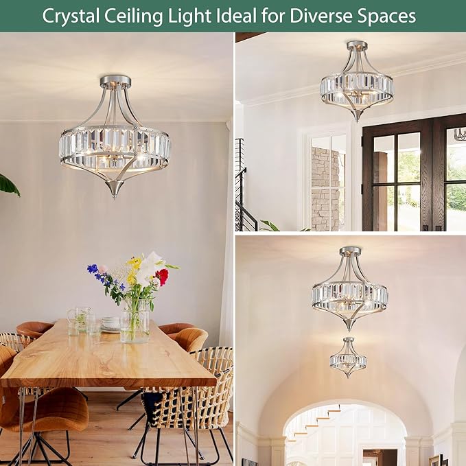 Modern Nickel Chandelier 4-Light Crystal Ceiling Light Fixtures 16 inches Flush Mount Lamp Suit for Living Room Kitchen Island Dining Room Foyer