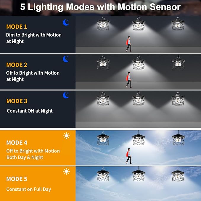 Shed Light Solar Powered, 2 Motion Sensor Lights Outdoor with Remote, Unique Diamond Design Metal Frame Hanging Lantern with Timer, Gazebo Lights for Patio Barn Garage Shop