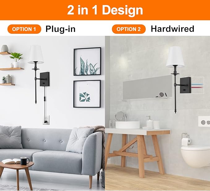 GOODATE Dimmable Wall Sconces Set of Two, Plug in Wall Sconces White Fabric Shade, Wall Lamp for Bedroom, Living Room, Plug in Wall Light Sconces Wall Decor Set of 2, LED Bulbs Included, Black