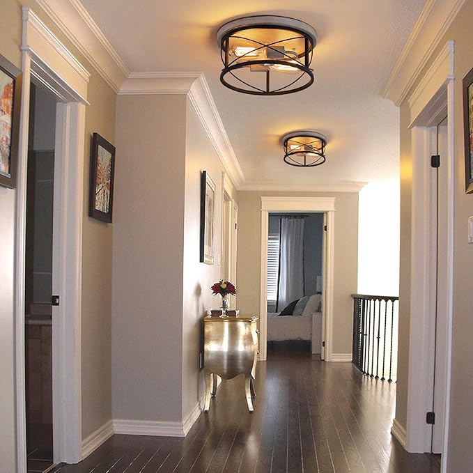 Q&S Flush Mount Ceiling Light Fixture Farmhouse Rustic Oak White and ORB Lighting for Hallway Entryway Kitchen Dining Room Bedroom Garage Gazebo Locker 2 Lights UL Listed
