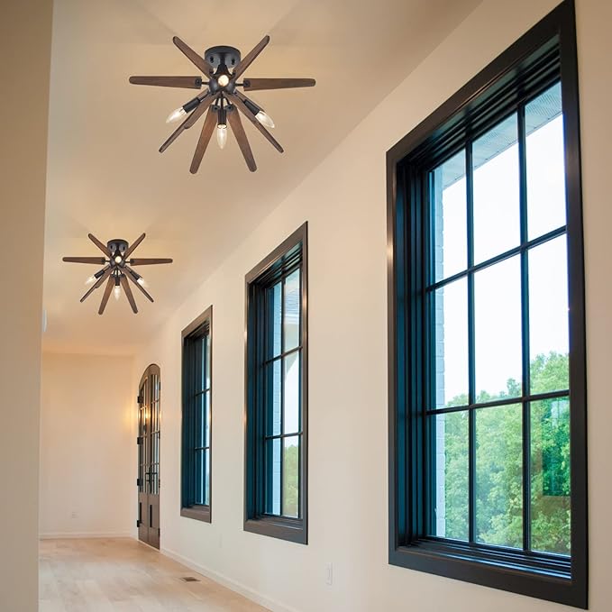 4-Light Sputnik Semi Flush Mount Light Black, Wood Hallway Lights, Farmhouse Light Fixture for Kitchen, Rustic Close to Ceiling Light Fixture for Entryway Laundry Nursery Bedroom