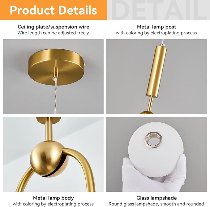 Modern Oblong Glass Pendant Light fixtures 1-Light, Simplicity Gold Pendant Lighting, Mid Century Chandelier for Kitchen Island Dining Room Bedroom Entryway Hallway(1-Pack)