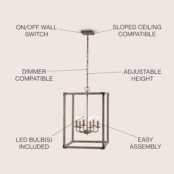 JONATHAN Y 16" Brown Rustic Farmhouse 6-Light LED Pendant, Adjustable Iron Lantern Chandelier for Kitchen Island, Barnwood Wood Grain Finish (JYL7476A)