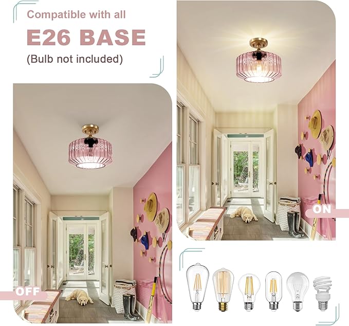Pink Close to Ceiling Light Hallway Light Fixtures Vintage Antique Brass Ceiling Lamp with 11.02" Stripes Glass Shade Schoolhouse Flush Mount Ceiling Light for Closet Entryway Shower Light