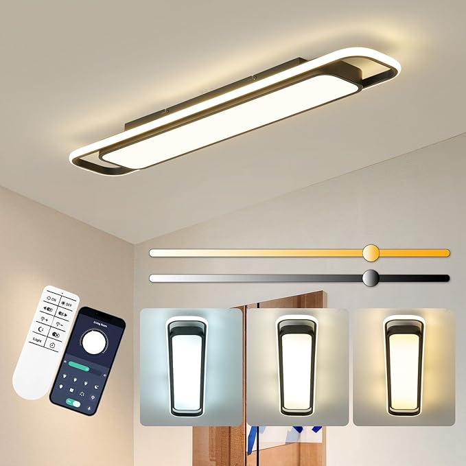 ORANOOR Modern LED Ceiling Lighting with Remote, 70W Dimmable Black Linear Flush Mount Light Fixture, 39.4'' Low Profile Lights Fixture Long LED Ceiling Lamp for Kitchen Bedroom Living Room Hallway