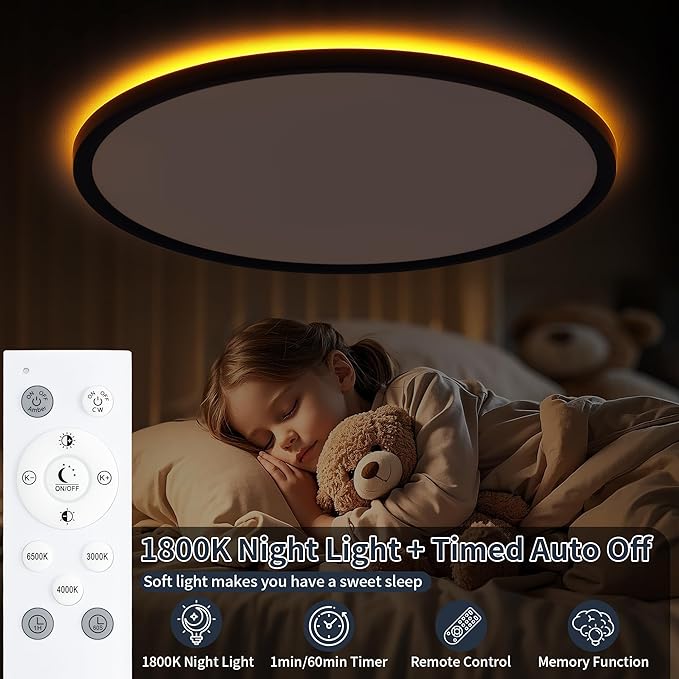 19 Inch Flush Mount Ceiling Light with Night Light, 45W 4500LM, Dimmable LED Ceiling Lights Fixture with Remote Control, 3000K/4000K/6500K Selectable, Slim Bright Bedroom Light Fixture, Round Black