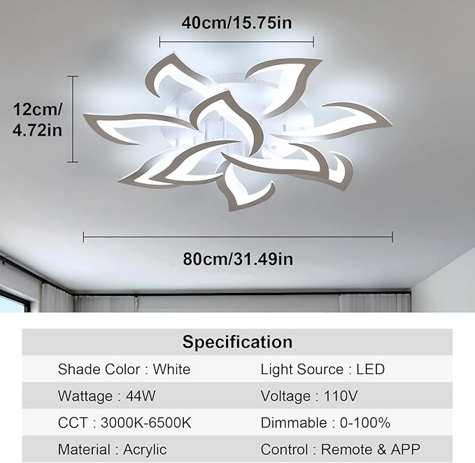 Goeco Dimmable Ceiling Light, 10-Petal Flower White LED 3000K-6500K Ceiling Fixture with Remote/App Control, Modern Flush Mount Ceiling Light for Living Room, Bedroom, Dining Room