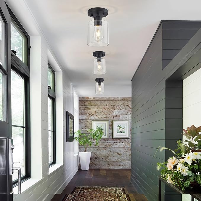 Black 1-Light Semi Flush Mount Ceiling Light, Rustic Kitchen Lighting Fixtures Ceiling, Classic Ceiling Light Fixtures, Cieling Light with Glass Shade for Hallway Foyer Farmhouse Bedroom 3 Pack