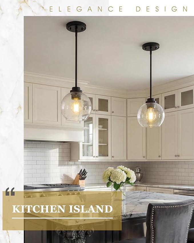 Pendant Lights Kitchen Island, 7" Modern Black Hanging Lights Fixtures with Clear Seeded Glass Globe Shade, Kitchen Island Lighting for Bathroom, AD-22280-1P-BK-S