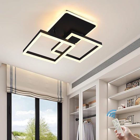 Garwarm Modern LED Ceiling Light, Dimmable 3 Heads Squares Ceiling Lamp Fixture with Remote, Acrylic Metal Flush Mount Ceiling Chandelier Lighting for Living Room Bedroom (70W, Black)