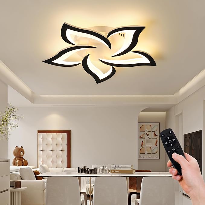 JAYMP 25.6" Flower Shaped Ceiling Light Dimmable Modern Ceiling Lamp Remote Control LED Lighting Fixture for Bedroom Dining Room Kitchen (Black/5 Petals)