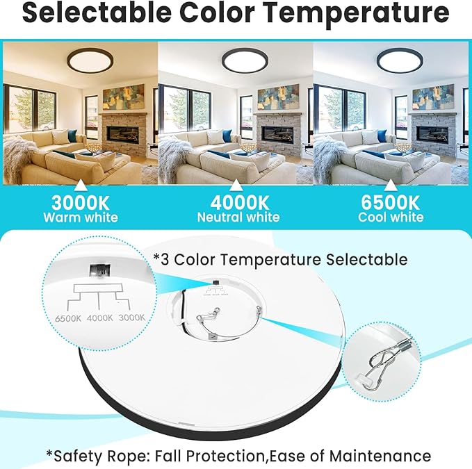 libtit 2-Pack 16" Black LED Ceiling Lights, 36W 3600lm, 3 Color Temps 3000K/4000K/6500K, Large Flush Mount Fixture for Kitchen, Hallway, Bedroom, Living Room, 120V ETL Listed