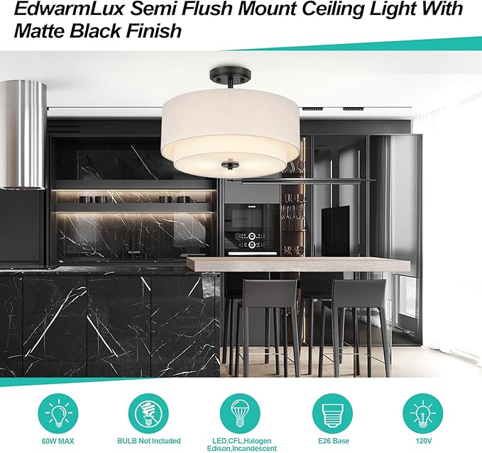 3-Light Semi Flush Mount Ceiling Light, 16" Drum Light with White Fabric Shade, Modern Close to Ceiling Lamp for Living Room Bedroom Dining Kitchen Hallway Entry (Matte Black)