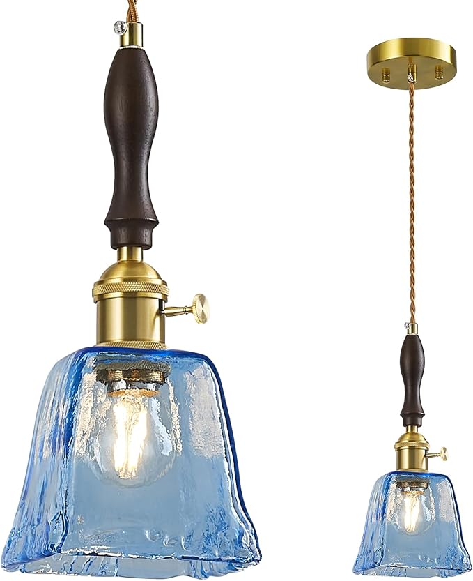 Blue Glass Vintage Pendant Light Height Adjustable Handmade Glass Pendant Lights Kitchen Island Gold Hanging Light Fixture with Wood Handle for Bedroom Dining Room Hotel (1 Pack)